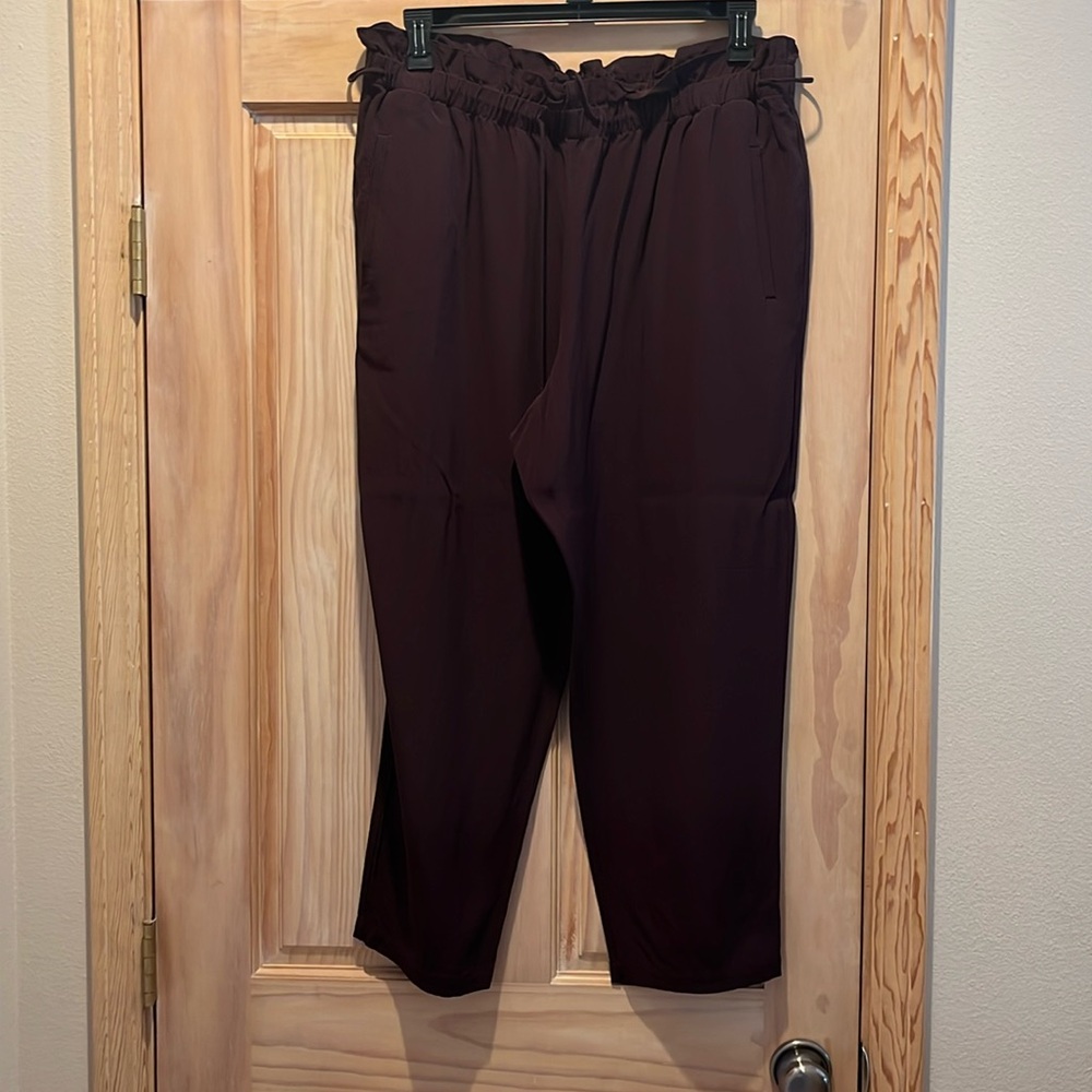 Eileen Fisher Women Tencel Straight Drawstring Paperbag Pants Cassis Brown Large